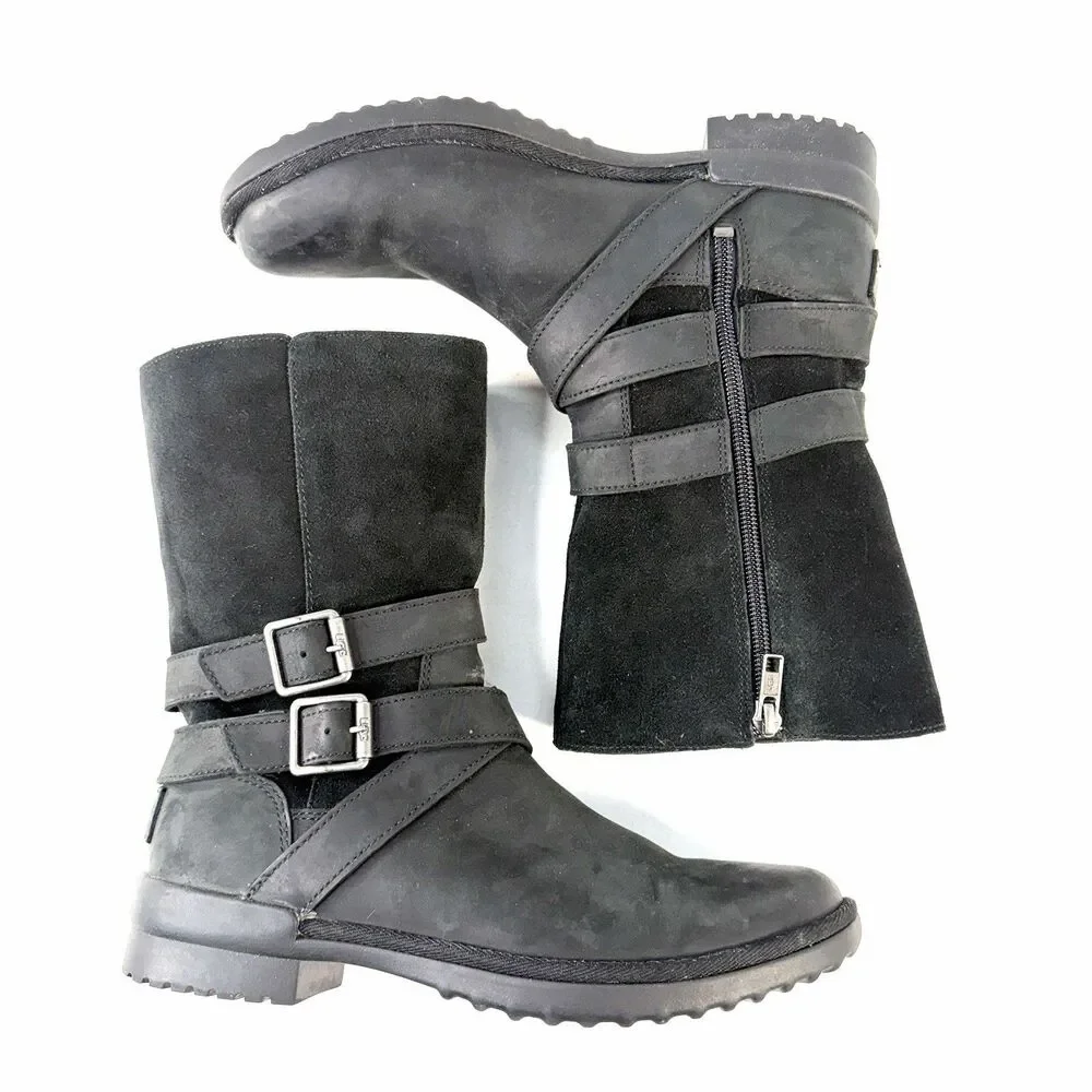 UGG Lorna Black Nubuck Leather Zip Mid Calf Boots Size 7.5 Style 1095155